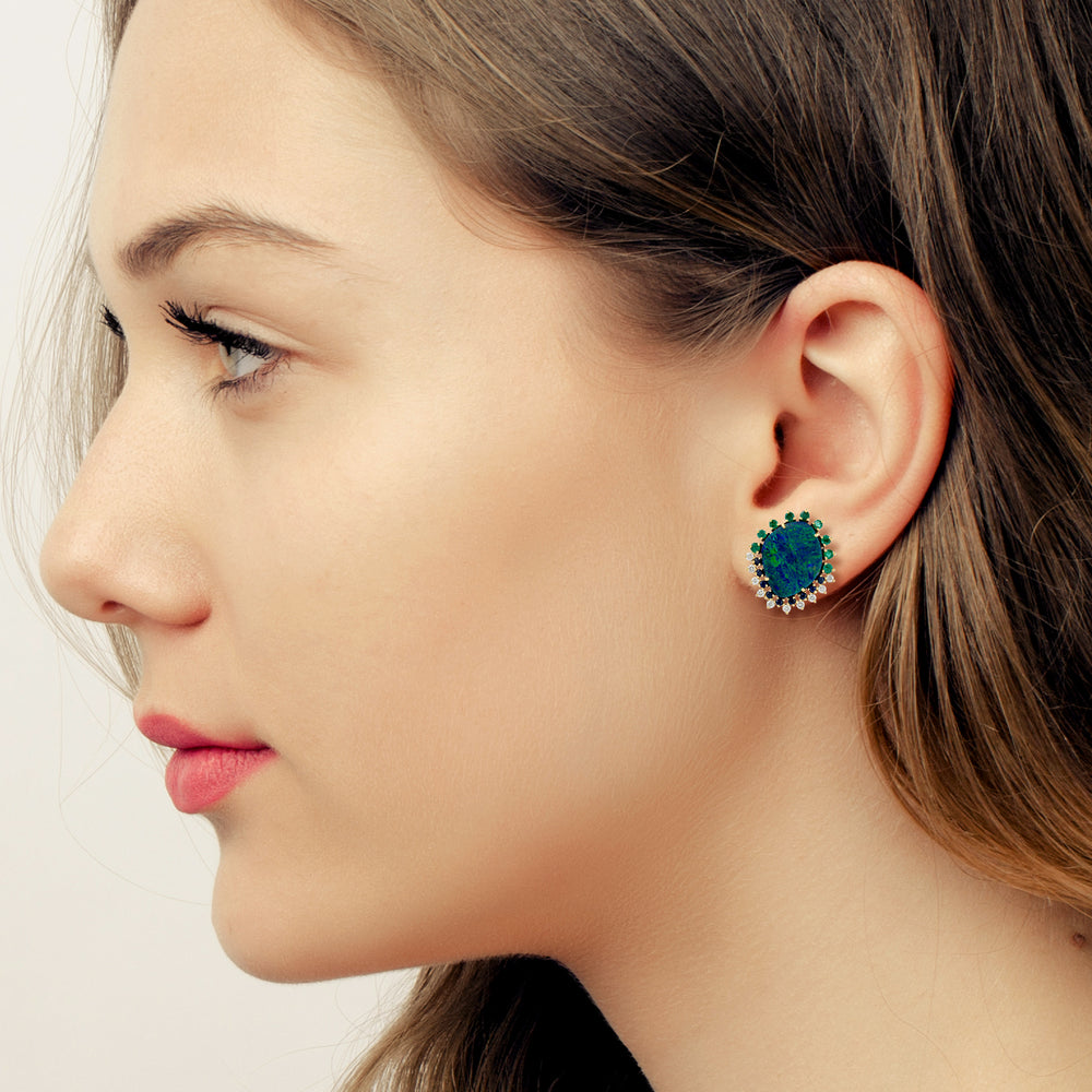 Australian Opal, Emerald & Sapphire Pave Diamond Halo Stud Earrings in 18K Yellow Gold