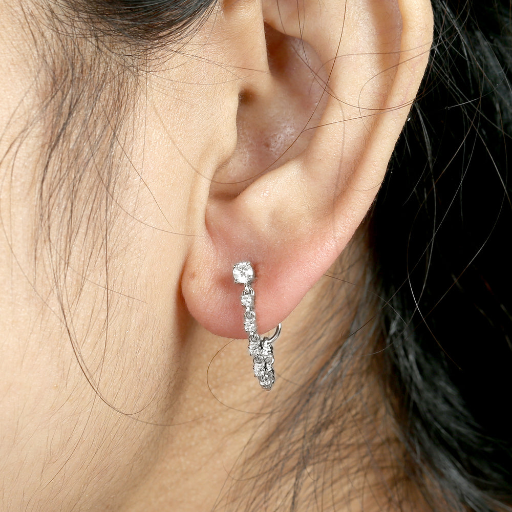 14K White Gold Pave Diamond Chain Ear Threader Earrings For Birthday Gifts