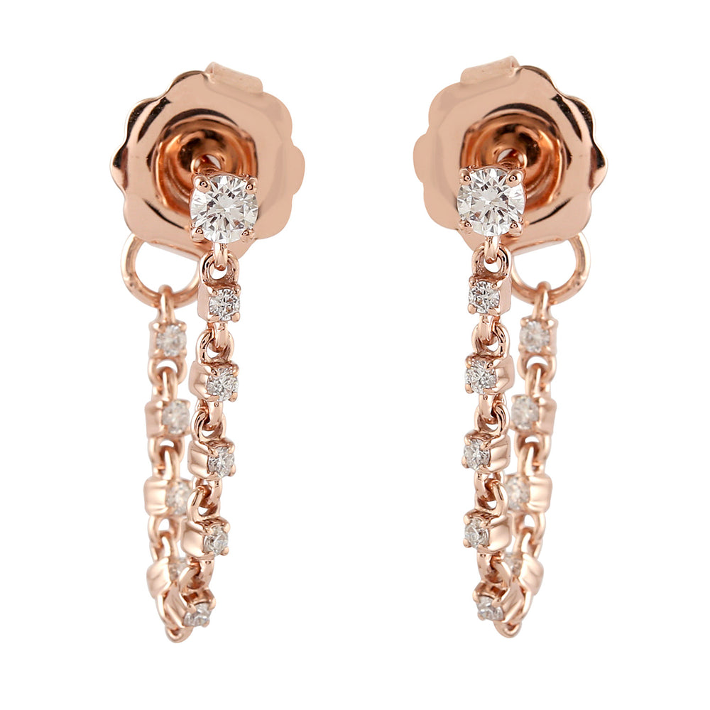 14K Rose Gold Beautiful Ear Thread Earrings Prong Diamond Jewelry