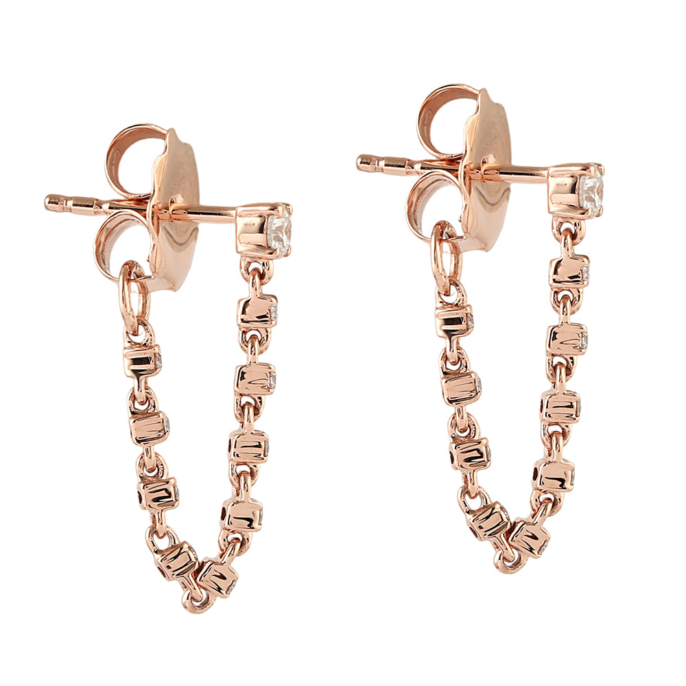 14K Rose Gold Beautiful Ear Thread Earrings Prong Diamond Jewelry