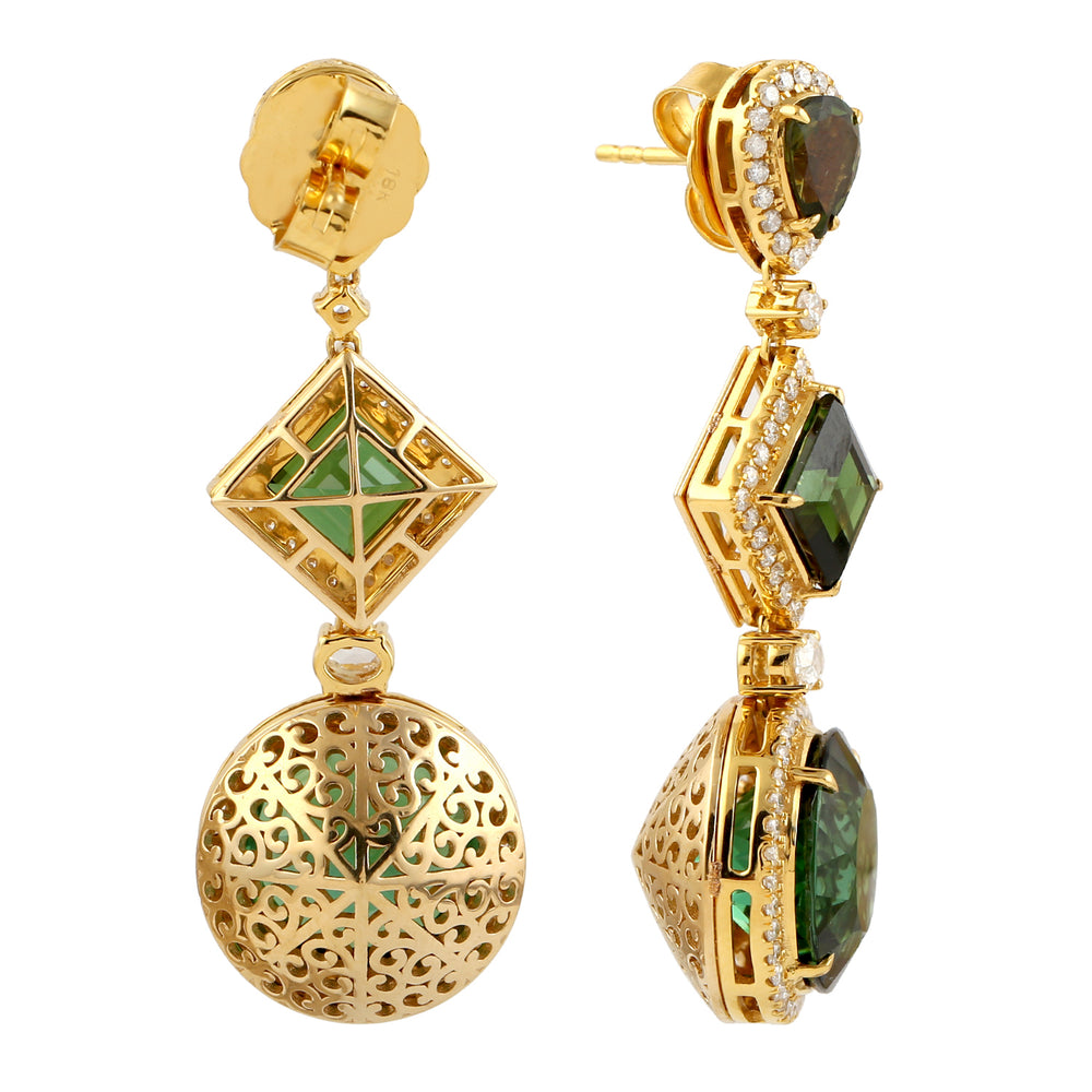 Green Tourmaline Gemstone Pave Diamond Drop Dangler In 18k Yellow Gold