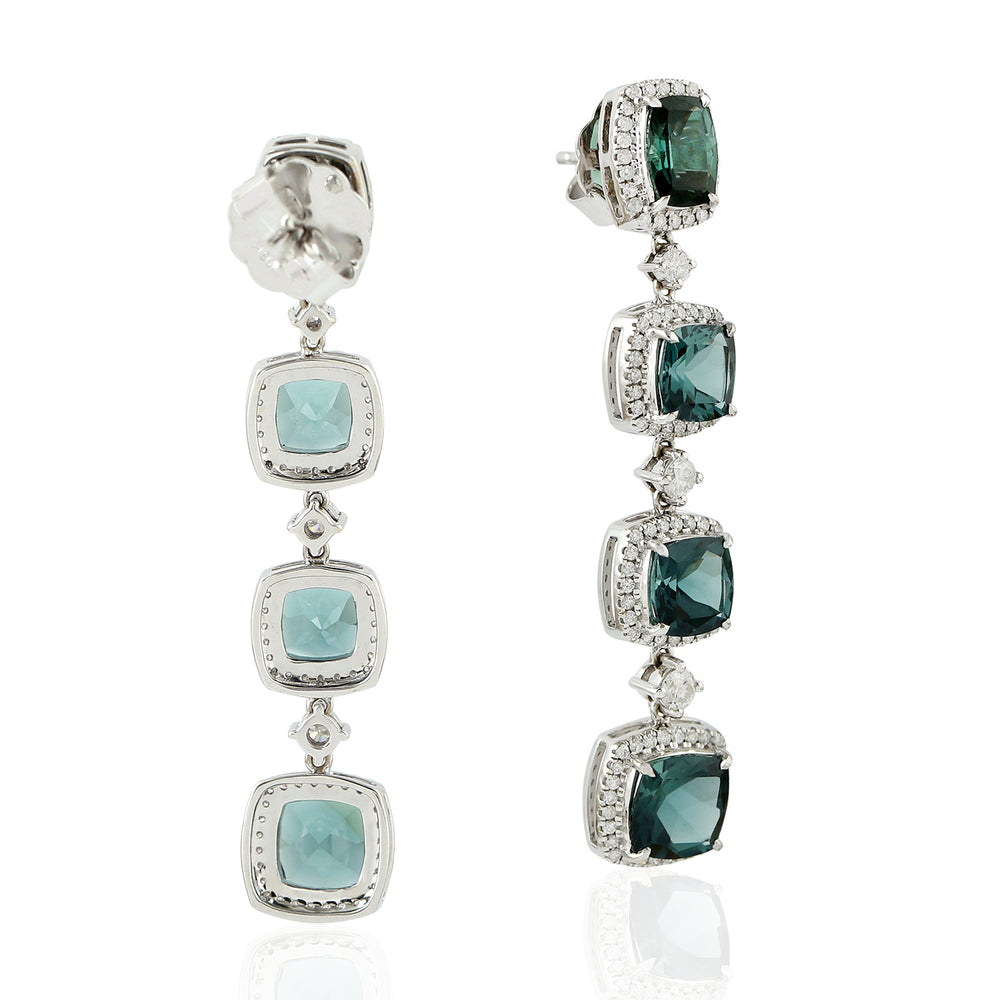 Cushion Cut Green Tourmaline Pave Diamond Beautiful Earrings In 18k White Gold