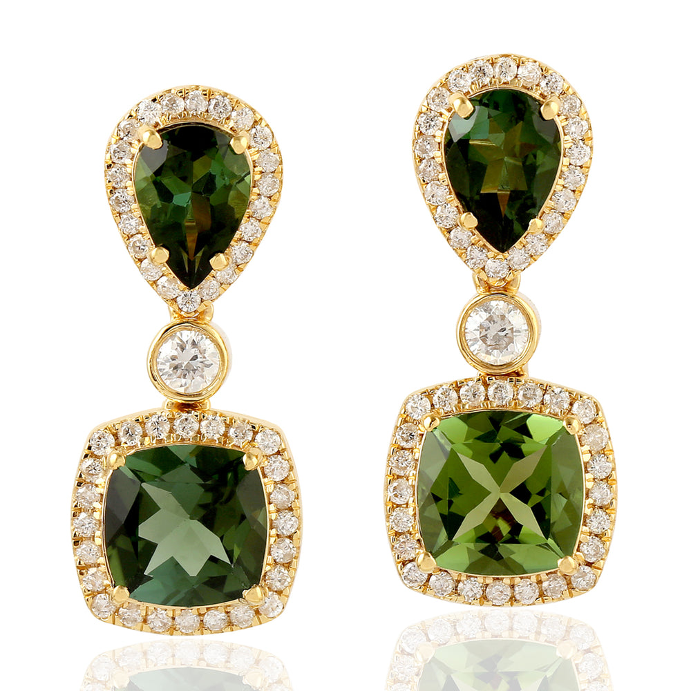 Faceted Green Tourmaline Diamond Drop Gem Danglers In 18k Yellow Gold For Women