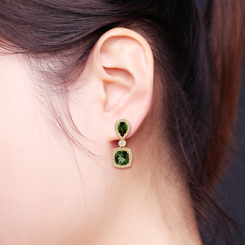 Faceted Green Tourmaline Diamond Drop Gem Danglers In 18k Yellow Gold For Women