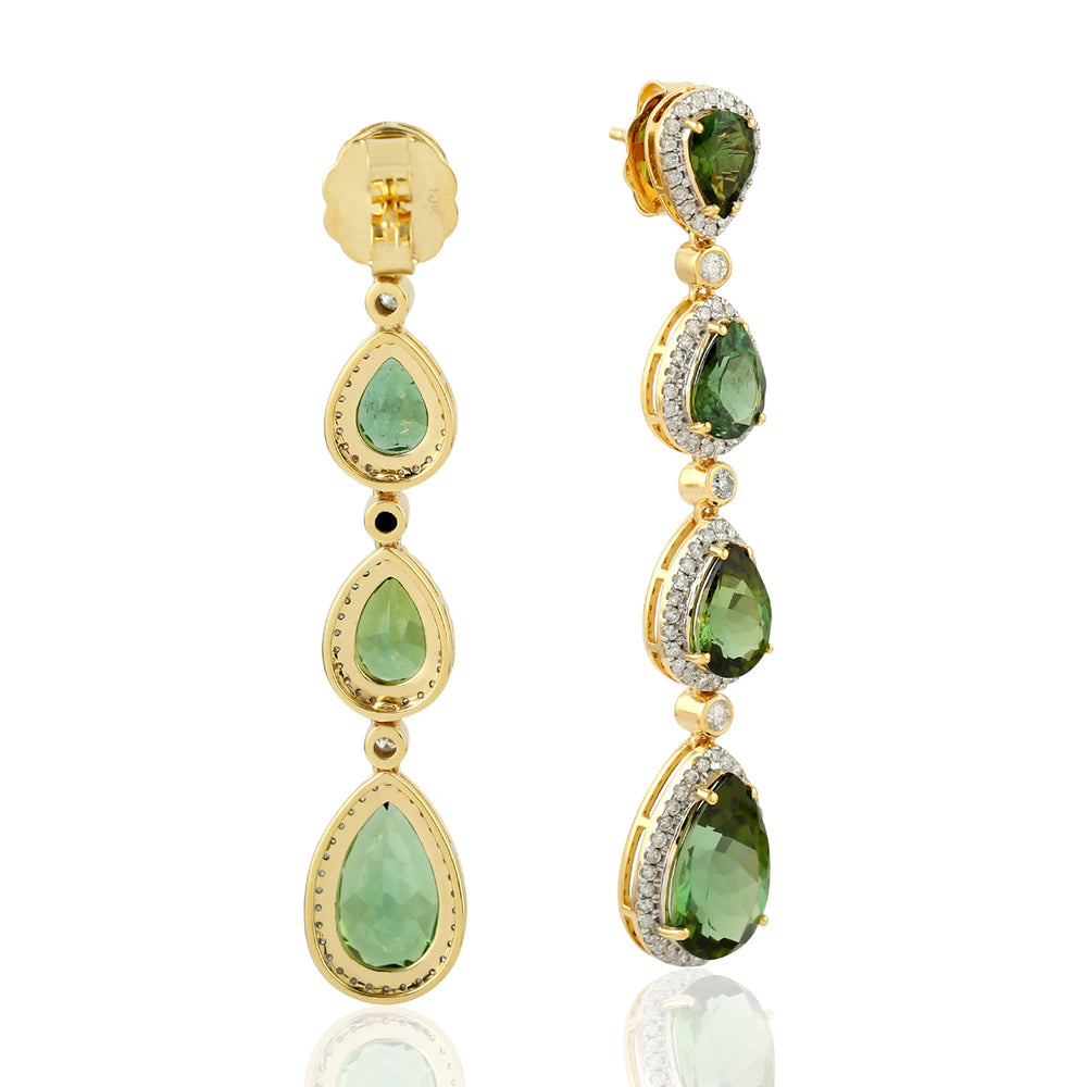 Pear Cut Green Tourmaline Pave Diamond Long Drop Danglers In 18k Yellow Gold
