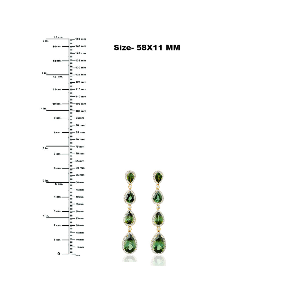 Pear Cut Green Tourmaline Pave Diamond Long Drop Danglers In 18k Yellow Gold