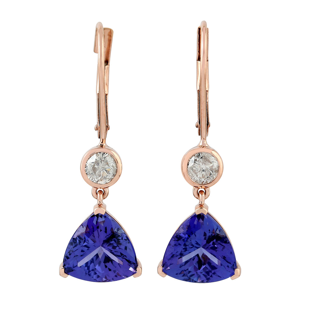 Prong Set 18k Rose Gold Trillion Tanzanite Pave Diamond Drop Danglers For Gift