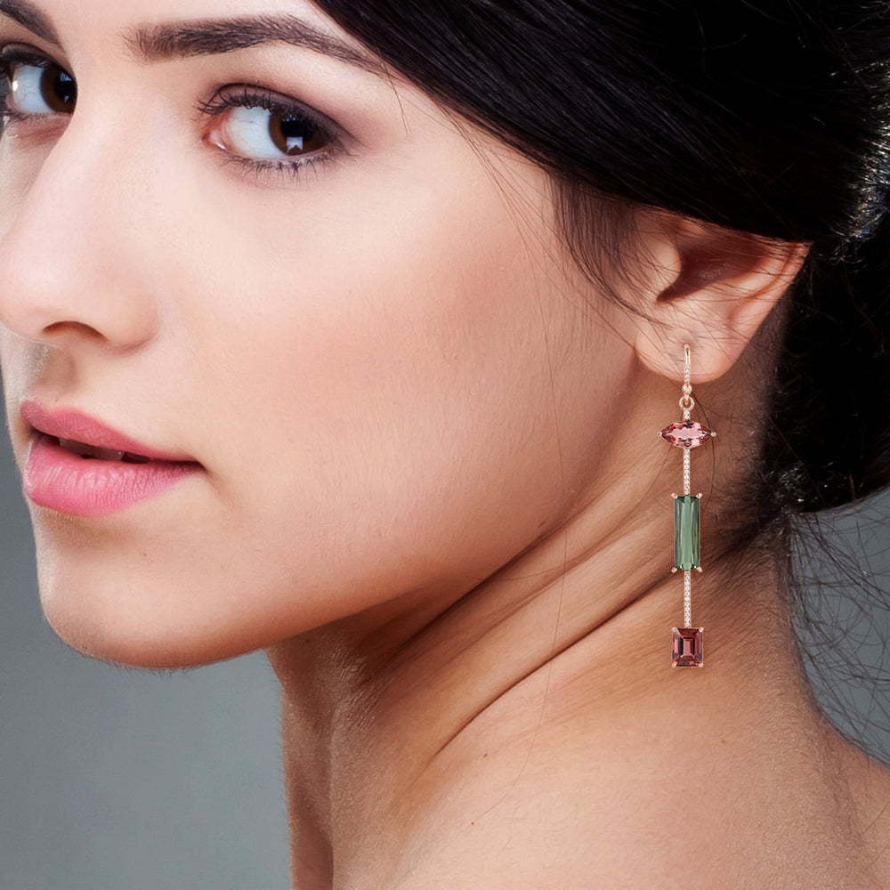 Marquise Pink Tourmaline Beautiful  Micro pave Diamoond Mismatch 18k Rose Gold Danglers For Her