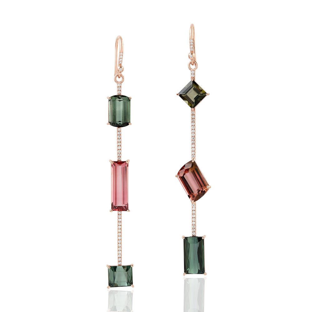 Baguette Pink Green Tourmaline Pave Diamond 18k Rose Gold Hook Danglers Wedding Gift