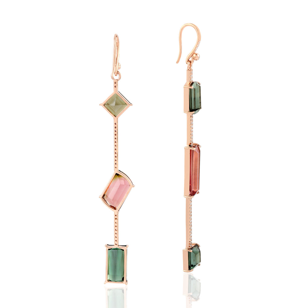 Baguette Pink Green Tourmaline Pave Diamond 18k Rose Gold Hook Danglers Wedding Gift