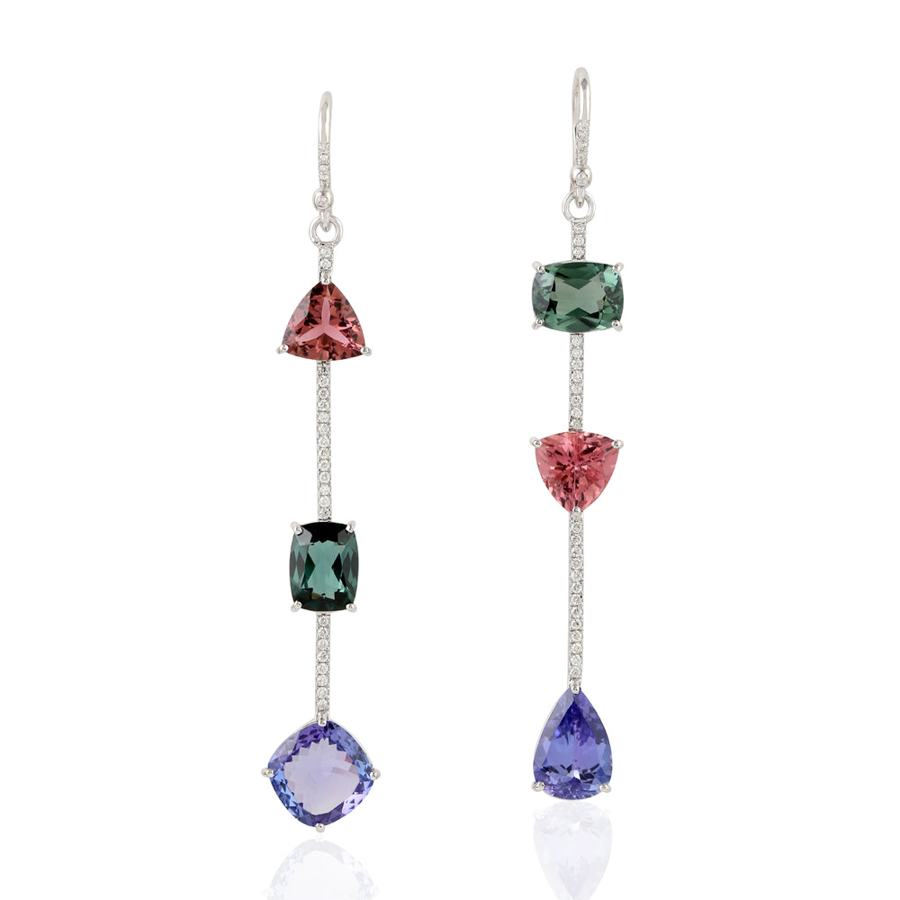 Tanzanite Pink Green Tourmaline Pave Diamond Beautiful Hook Danglers For Women