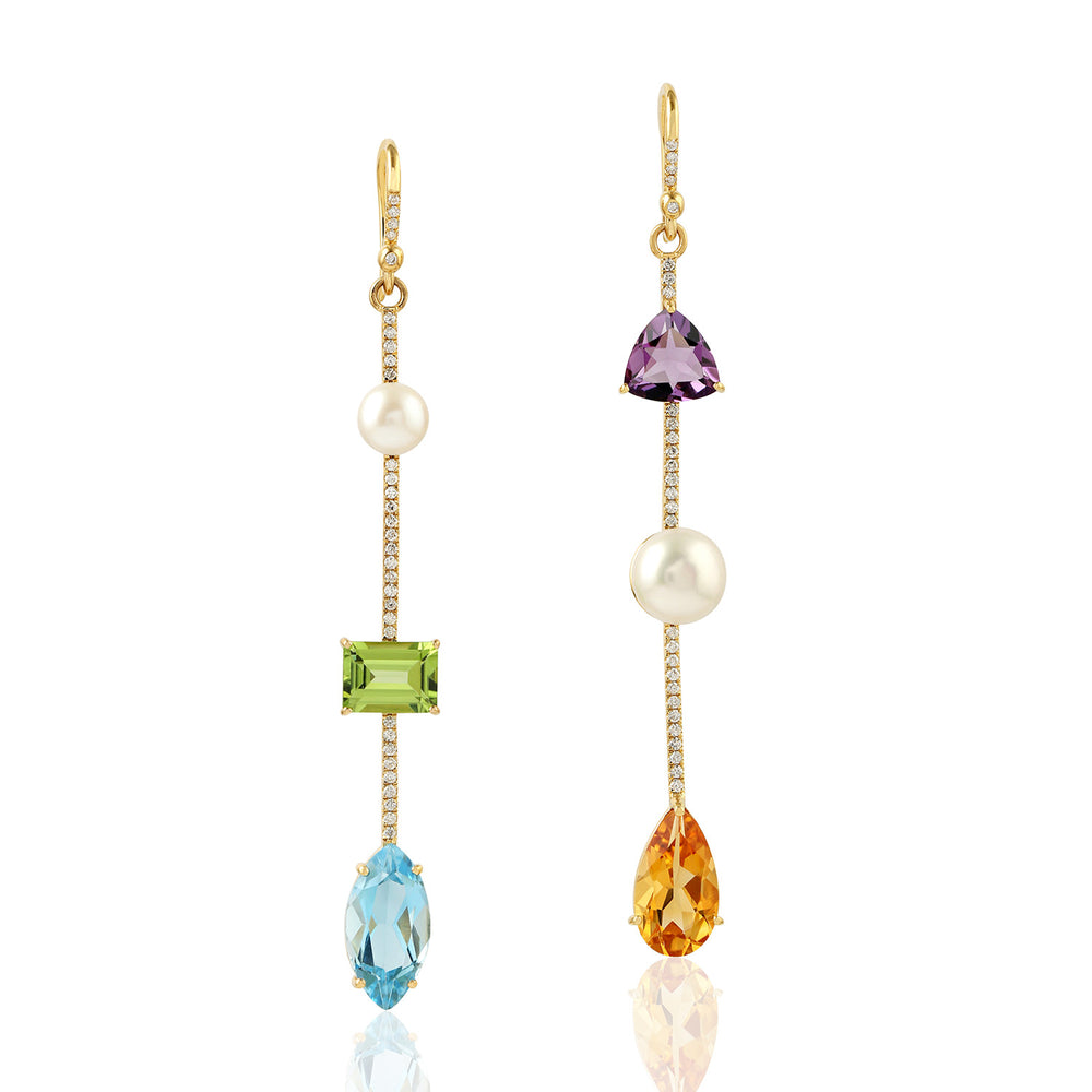 Natural Pearl Topaz Citrine Peridot Multigemstone Diamond Mismatch Danglers In 18k Yellow Gold For Her