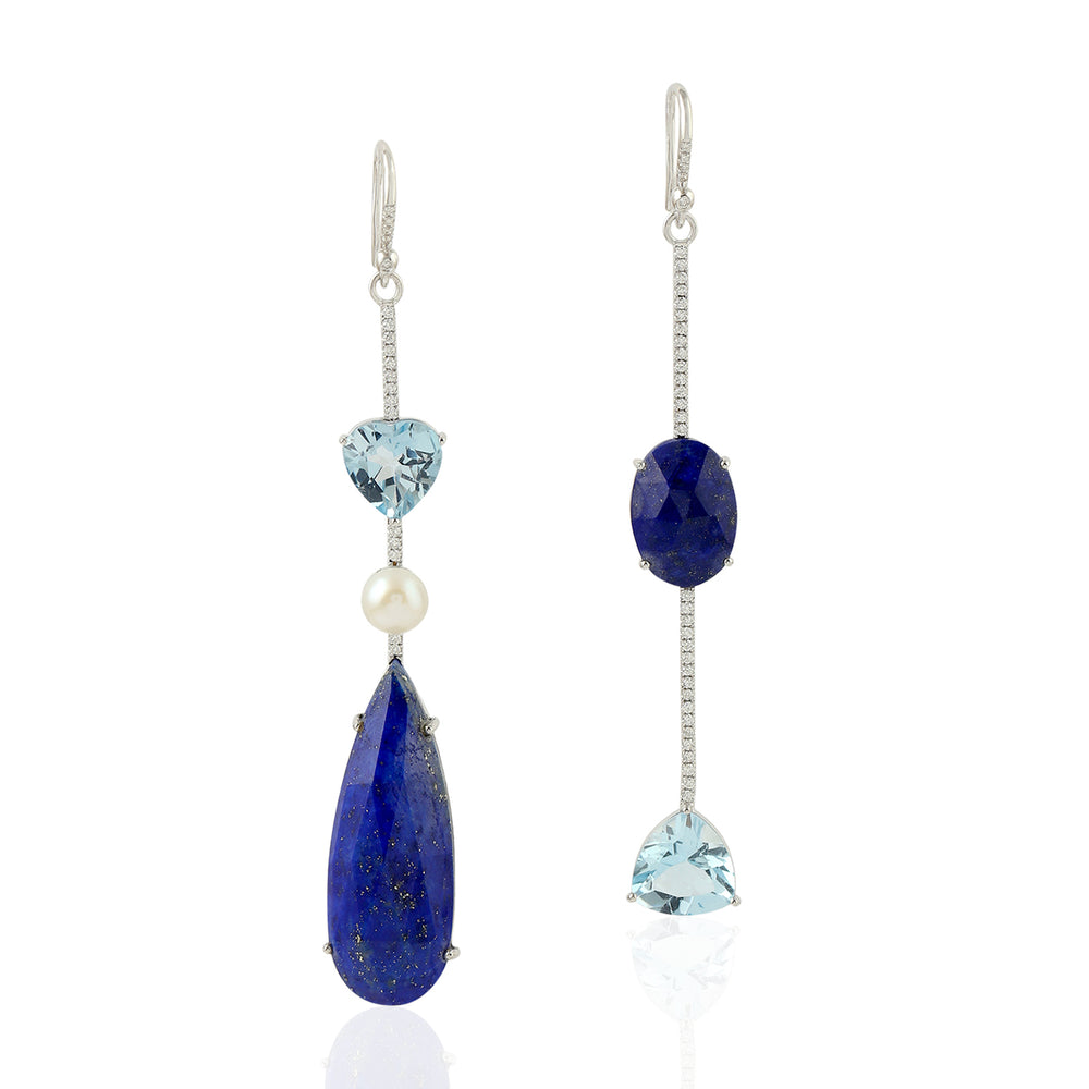 Lapis Topaz Pearl Diamond Mismatch Danglers In 18k White Gold