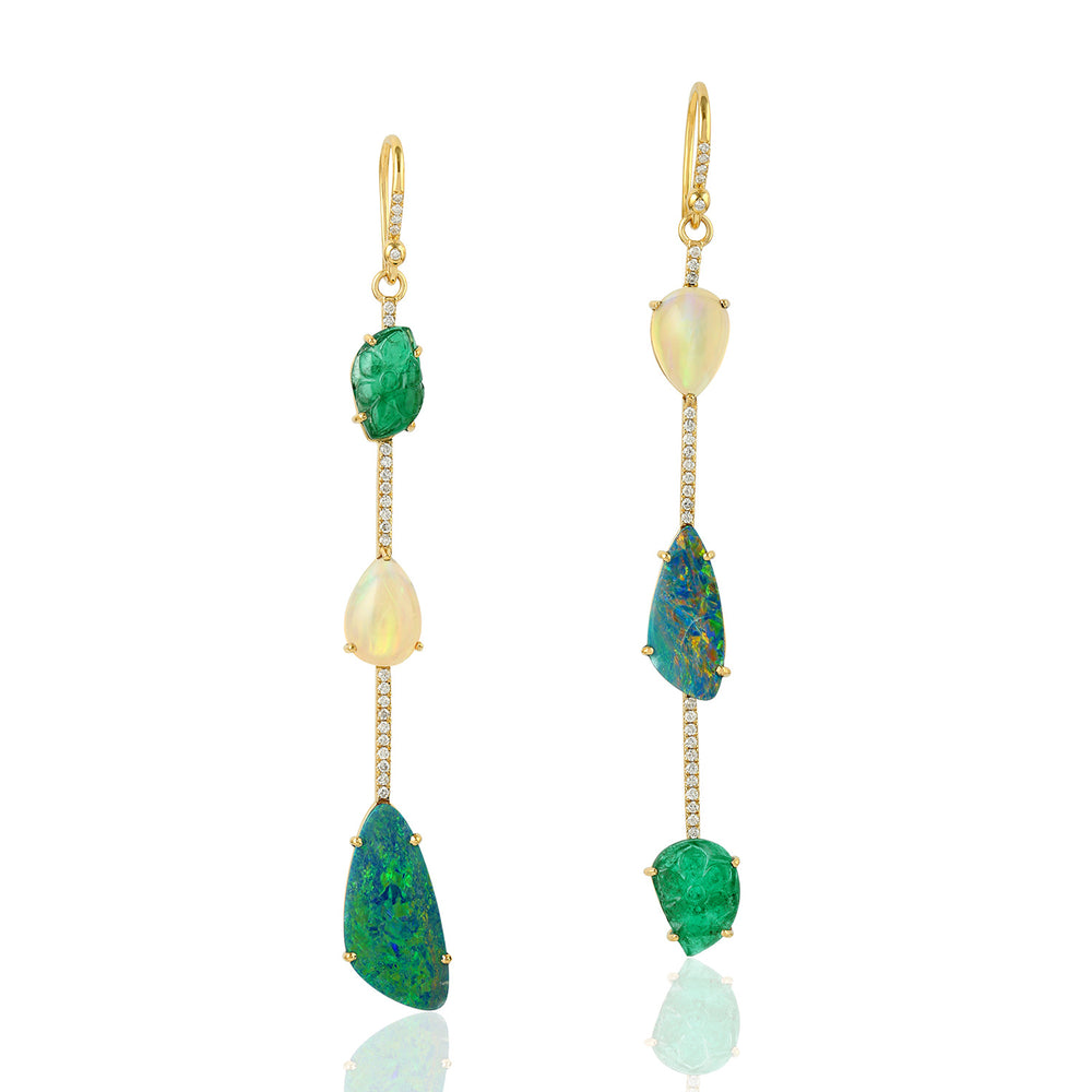 Carved Emerald Opal Doublet Pave Diamond Ethopian Solid Yellow Gold Danglers For Women