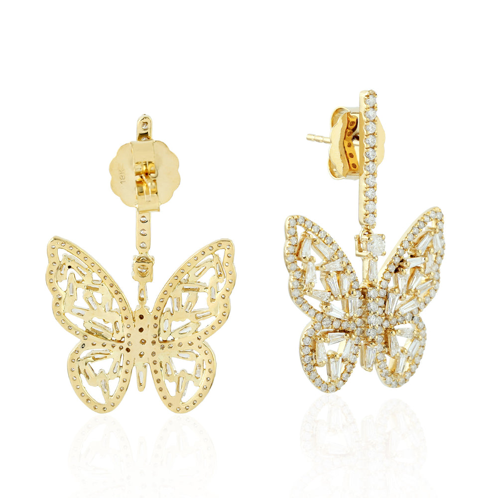 18K Yellow Gold Baguette Cut Diamond Butterfly Earrings For Women's