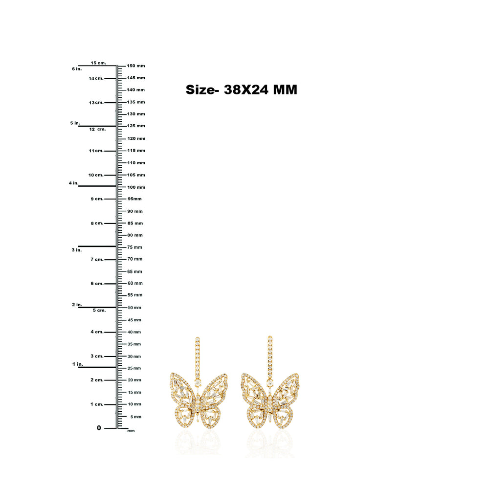 18K Yellow Gold Baguette Cut Diamond Butterfly Earrings For Women's