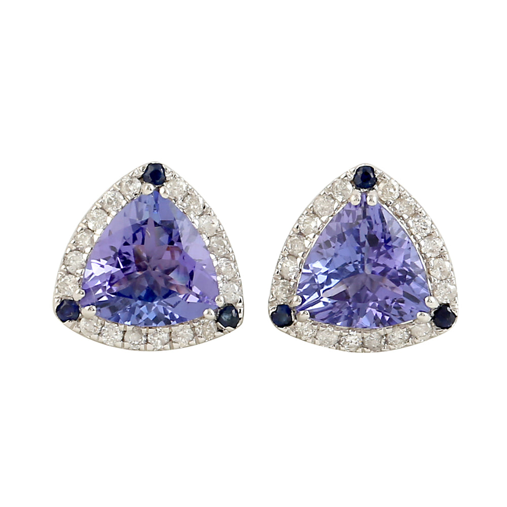 Beautiful Gemstone Tanzanite Pave Diamond Sapphire Trillion Mini Stud Earrings In 18k White Gold Gift