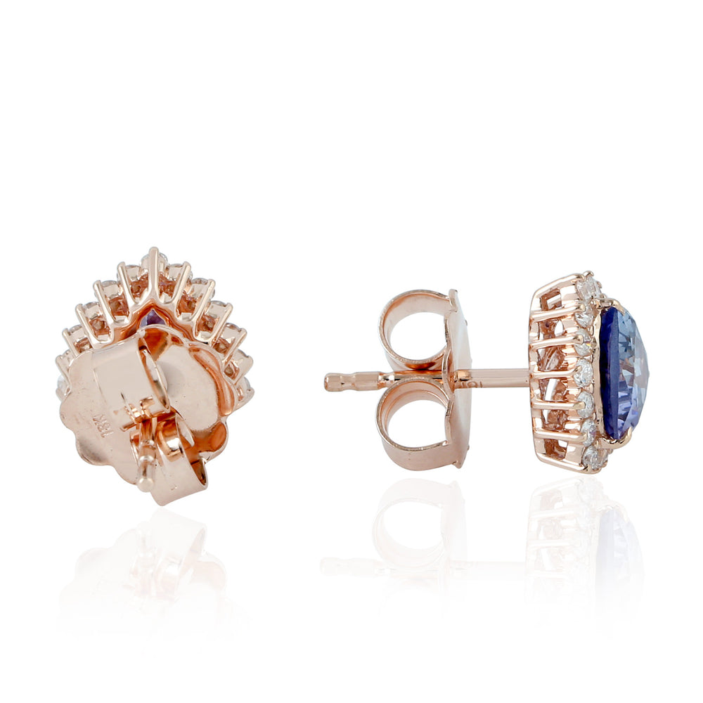 18k Rose Gold Trillion Cut Tanzanite Gemstone Pave Diamond Stud Earrings