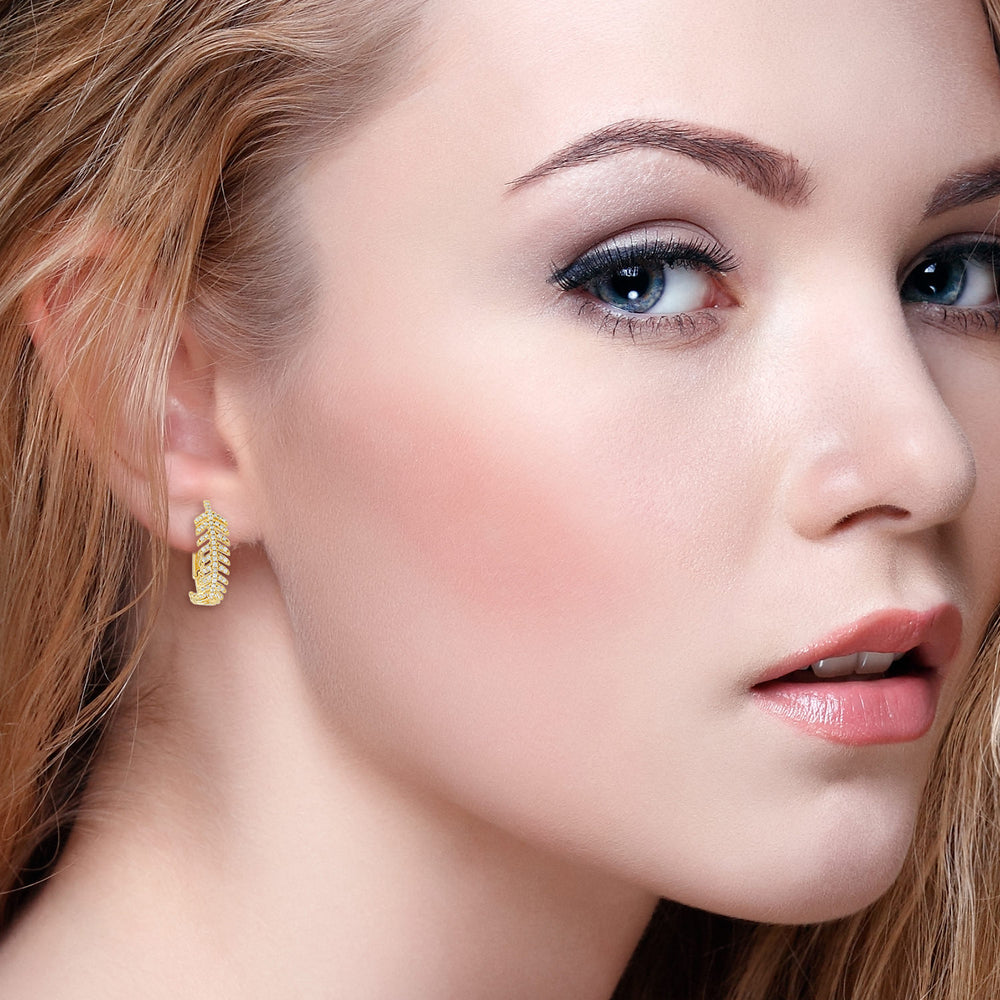 18K Yellow Gold Leaf Hoop Earrings Micro Pave Diamond
