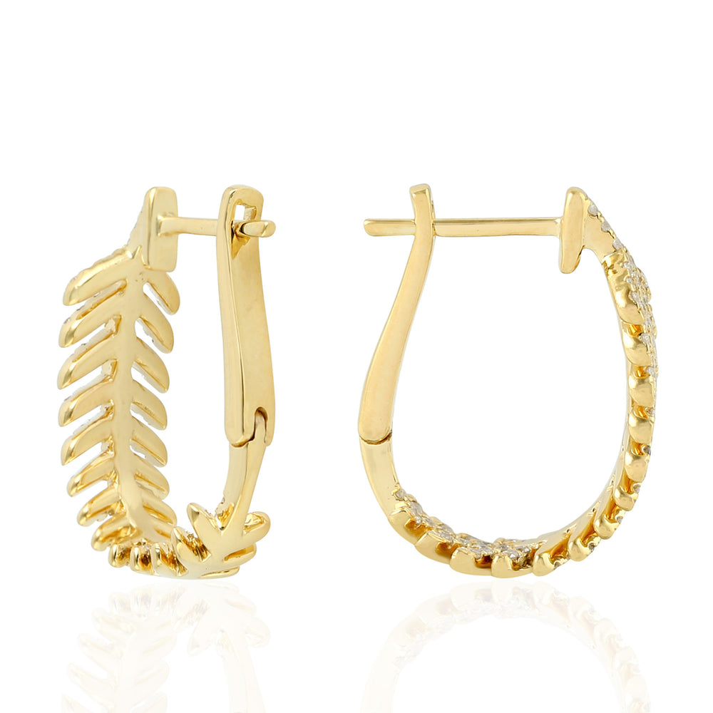 18K Yellow Gold Leaf Hoop Earrings Micro Pave Diamond