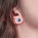 Trillion Faceted Tanzanite Diamond Halo White Gold Stud 14k Gold Jewelry