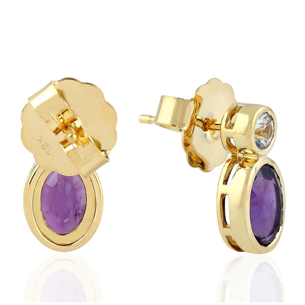 18K Yellow Gold Oval Cut Amethyst White Sapphire Gemstone Dangle Earrings For Her