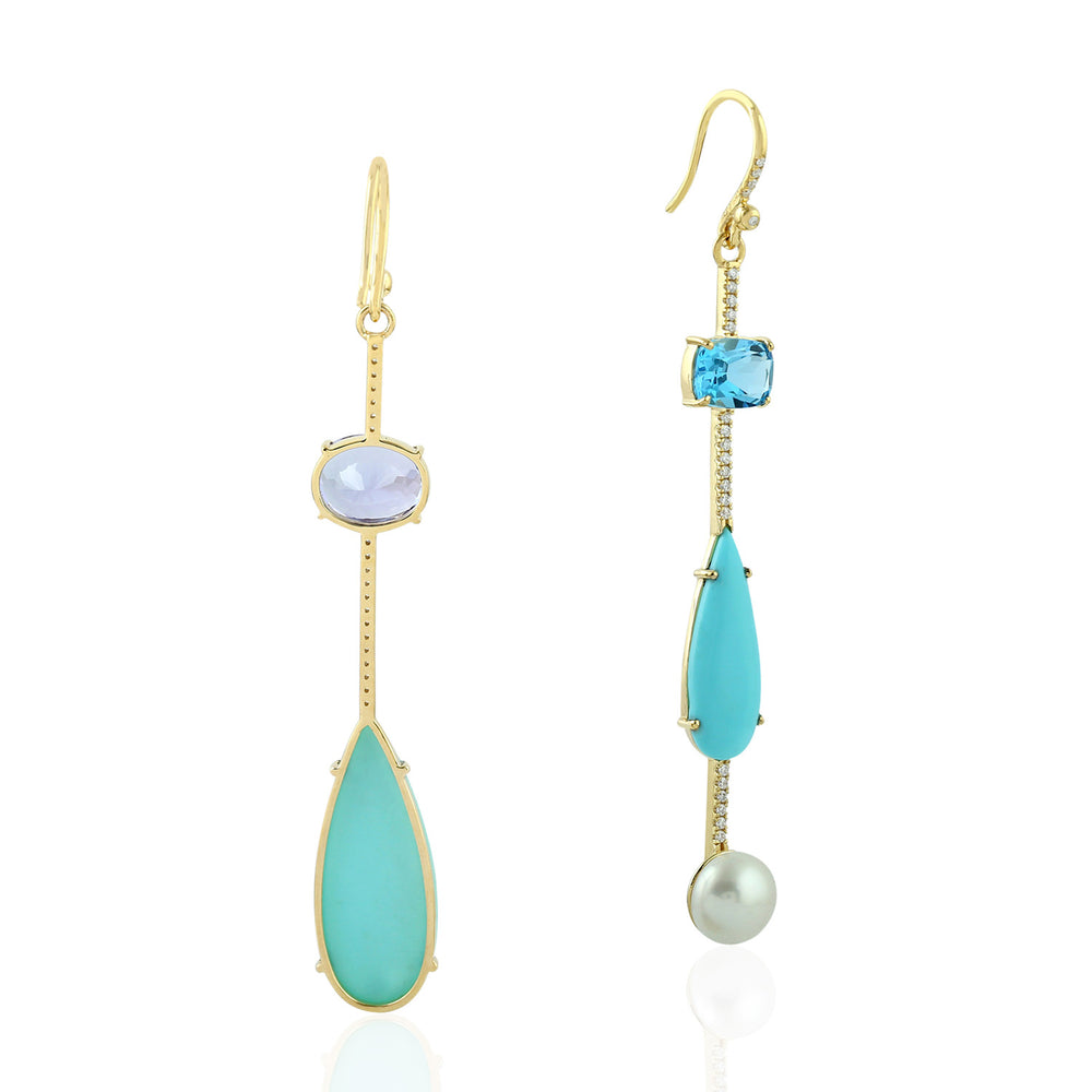 Asymmetrical Turquoise, Tanzanite, Topaz & Pearl Drop Earrings in 18K Yellow Gold