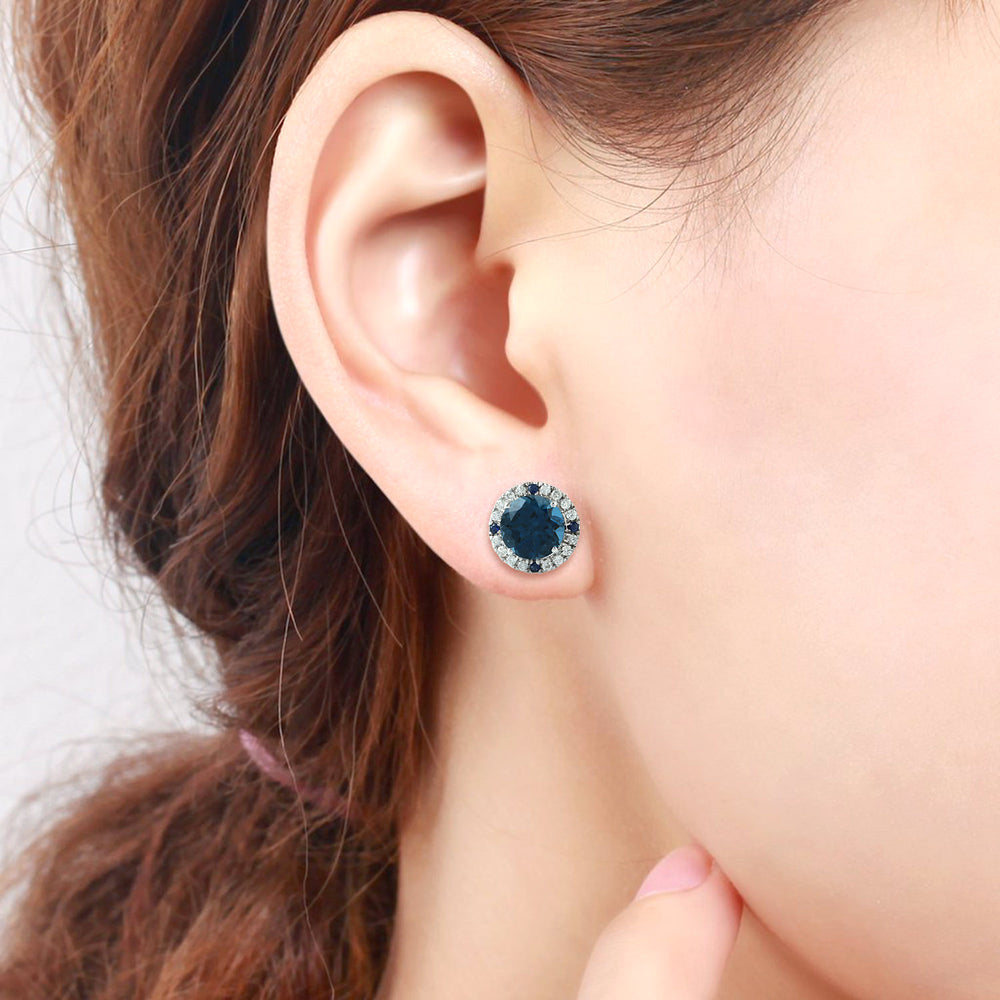 London Topaz Prong Blue Sapphire Pave Diamond Stud Earrings In 18K White Gold