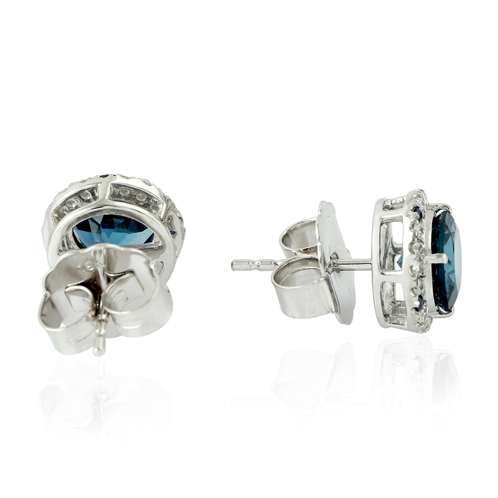 London Topaz Prong Blue Sapphire Pave Diamond Stud Earrings In 18K White Gold