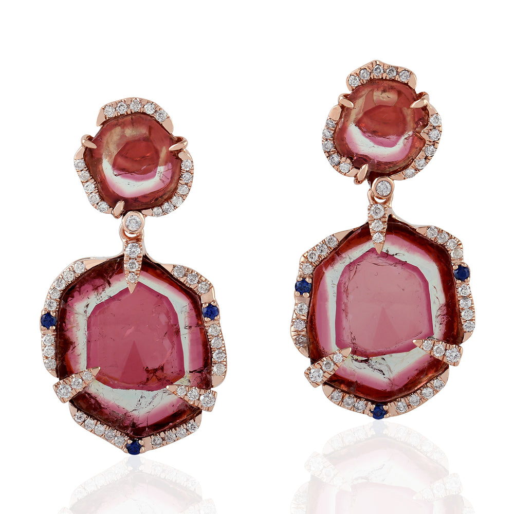 18k Rose Gold Slice Tourmaline Melon Sapphire & Pave Diamond Beautiful Earrings Jewelry