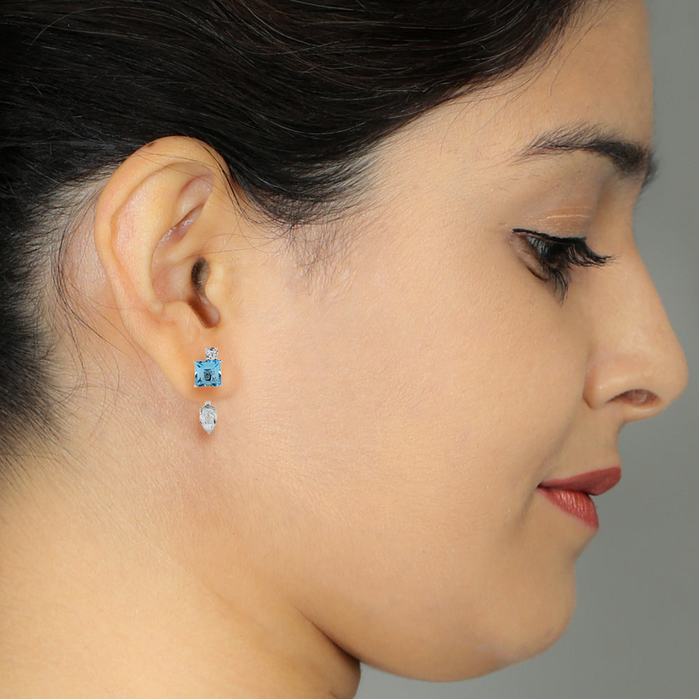 Blue Topaz Pear Cut Sapphire Ear Jackets Earrings In 18k White Gold
