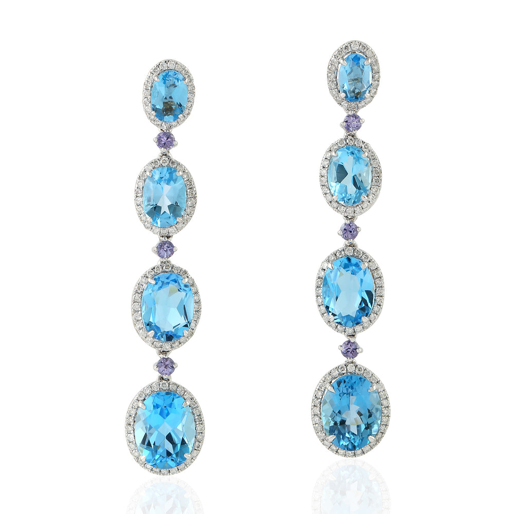 Blue Topaz Prong Tanzanite Gemstone Pave Diamond Dangler In White Gold