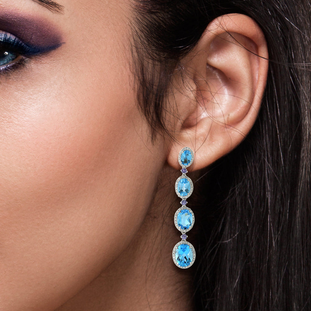 Blue Topaz Prong Tanzanite Gemstone Pave Diamond Dangler In White Gold