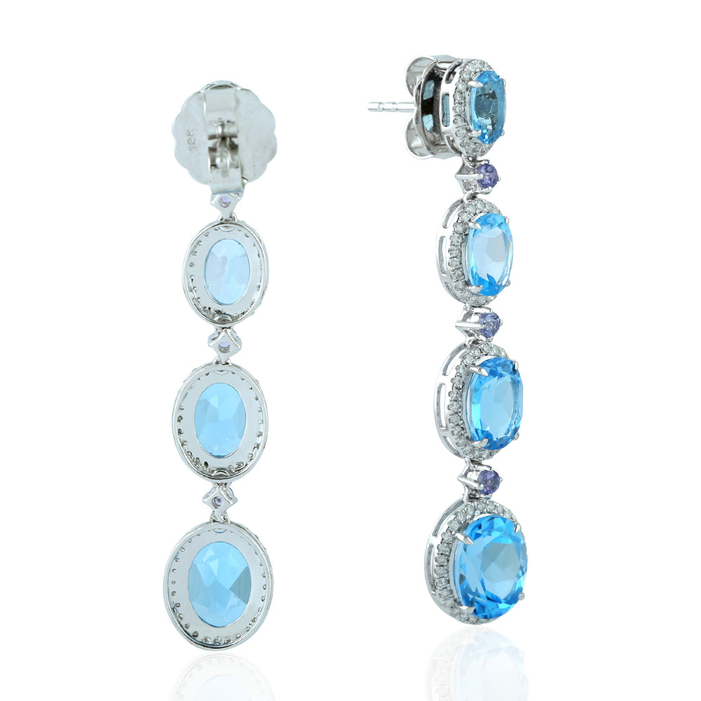 Blue Topaz Prong Tanzanite Gemstone Pave Diamond Dangler In White Gold