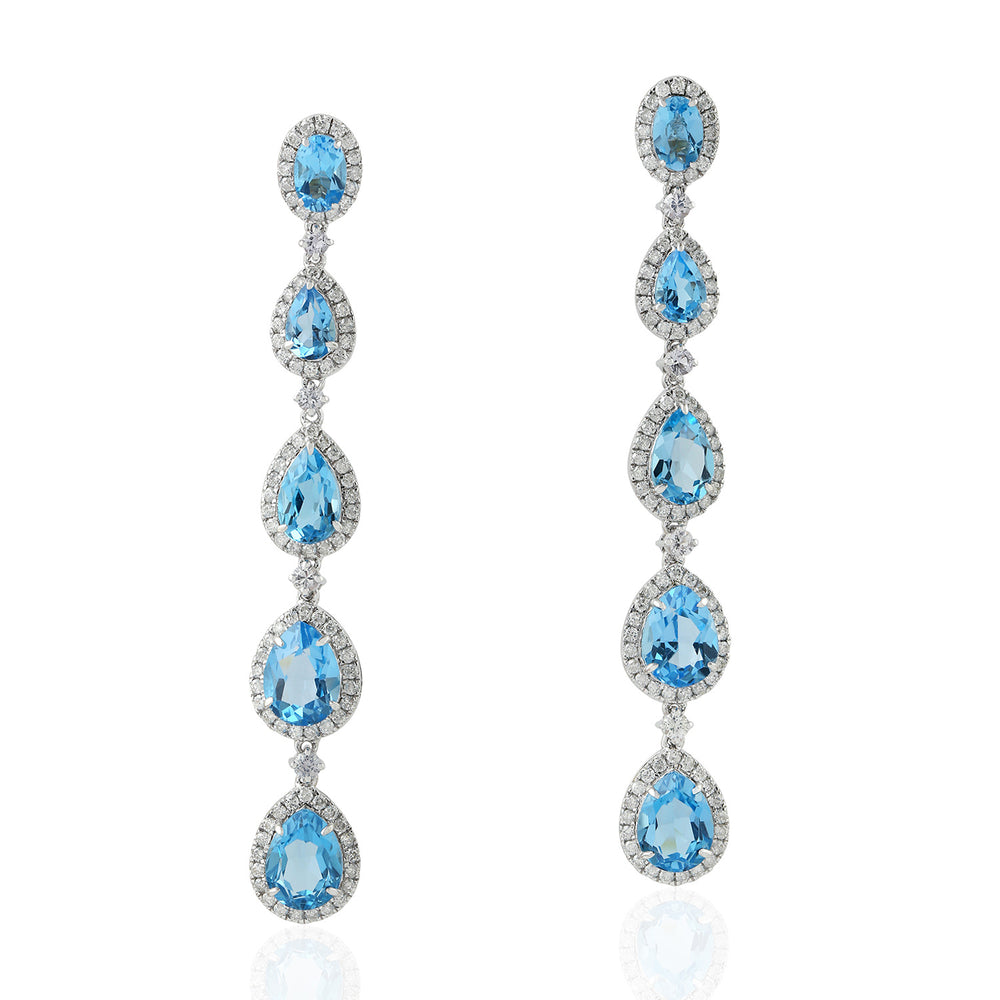 Blue Topaz White Sapphire Pave Diamond Designer Dangler In 18K White Gold