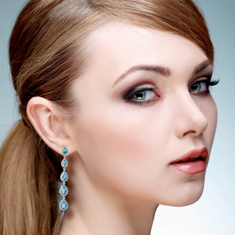 Blue Topaz White Sapphire Pave Diamond Designer Dangler In 18K White Gold