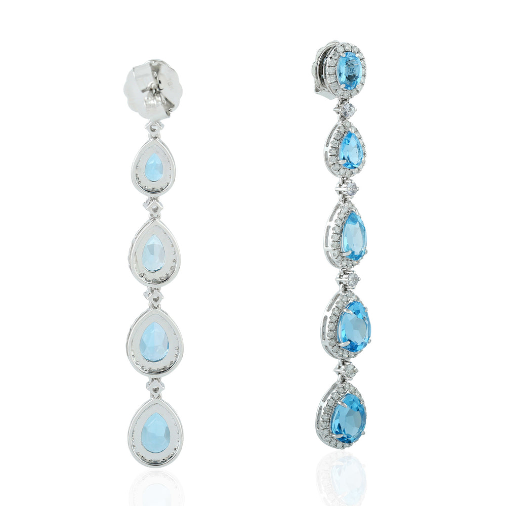 Blue Topaz White Sapphire Pave Diamond Designer Dangler In 18K White Gold
