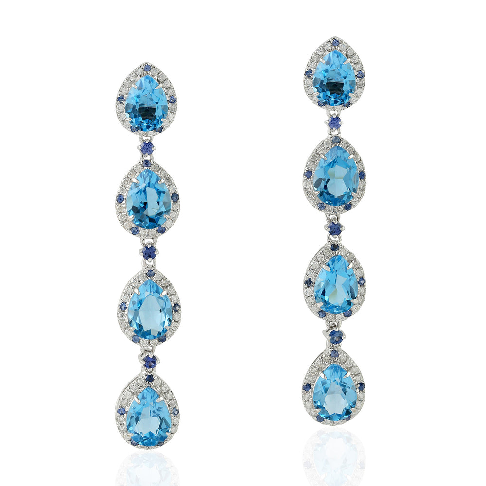 Pear Cut Blue Topaz Prong Blue Sapphire Pave Diamond Drop Dangler In White Gold