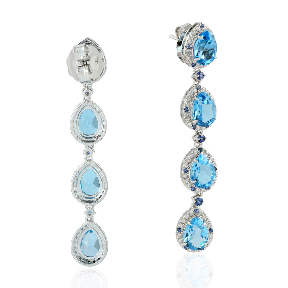 Pear Cut Blue Topaz Prong Blue Sapphire Pave Diamond Drop Dangler In White Gold