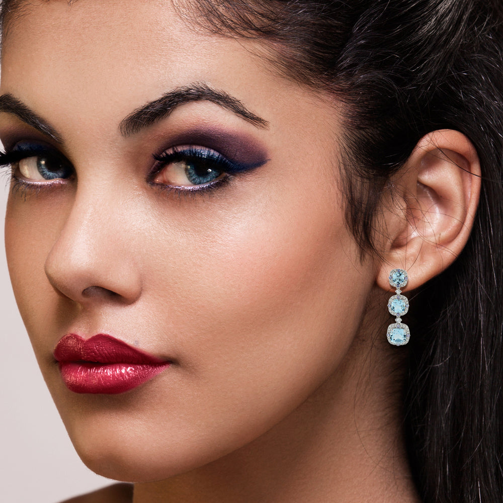 Cushion Blue Topaz Prong Tanzanite Sapphire Pave Diamond Dangler In White Gold