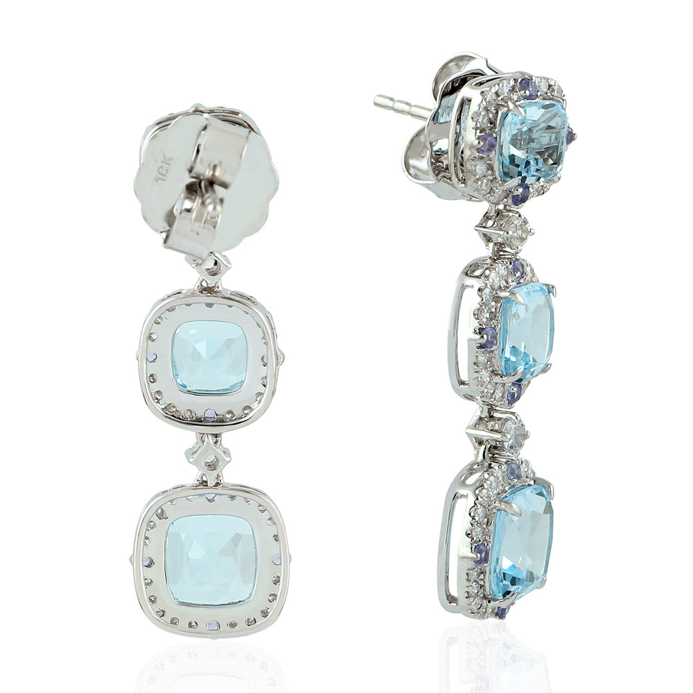 Cushion Blue Topaz Prong Tanzanite Sapphire Pave Diamond Dangler In White Gold