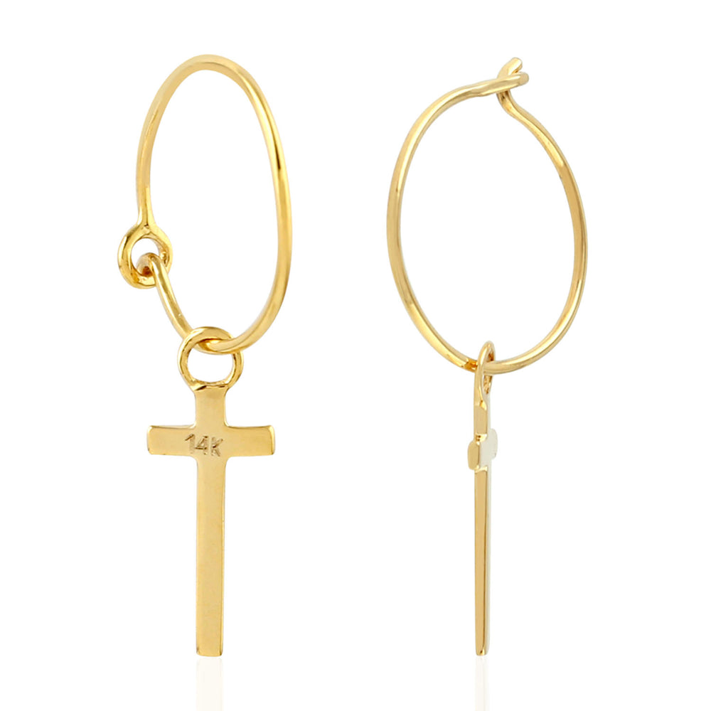 14k Yellow Goild Cross Drop Hoop Earings For Gift