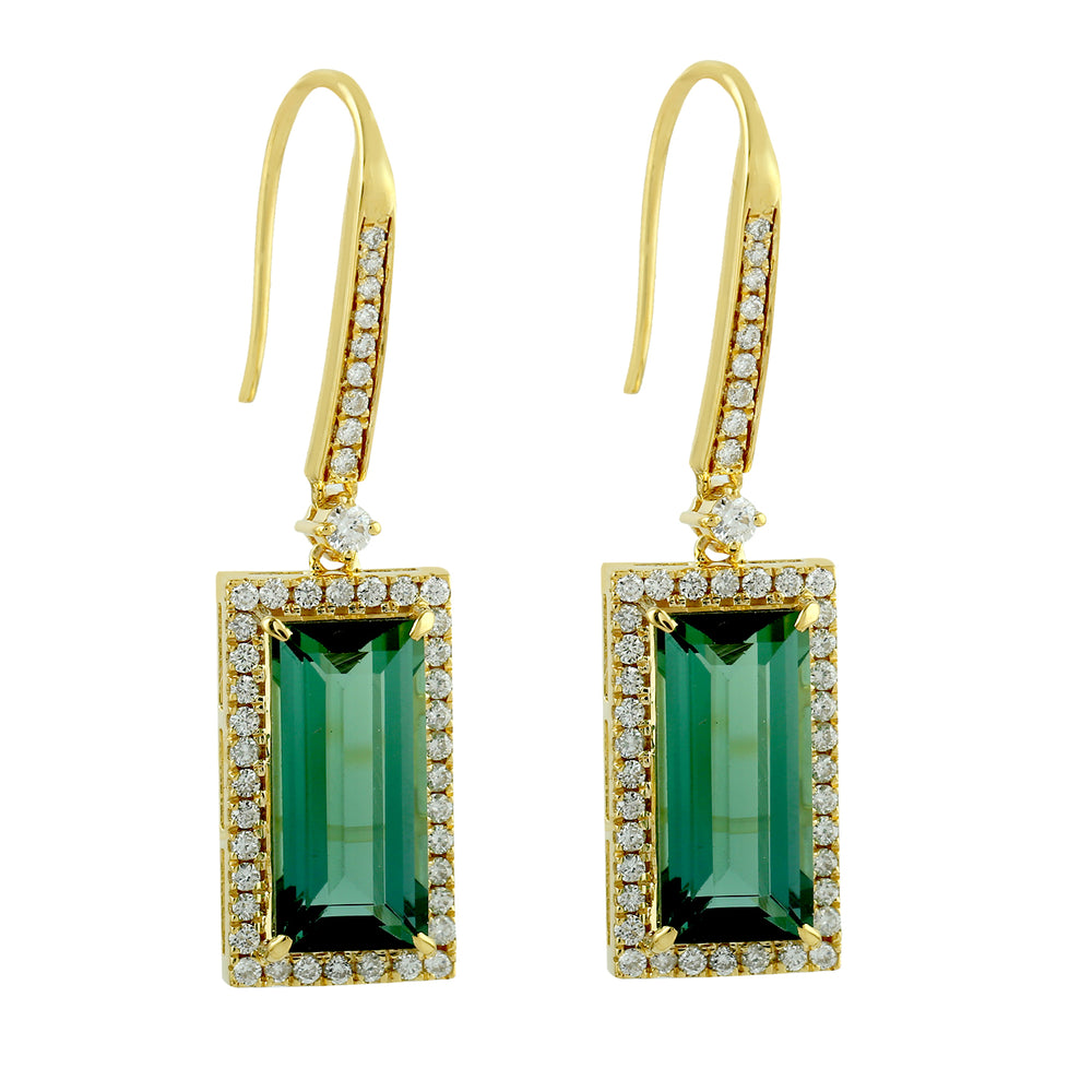 18K Yellow Gold Ear Hook Earrings with Baguette Green Tourmaline & Pave Diamonds
