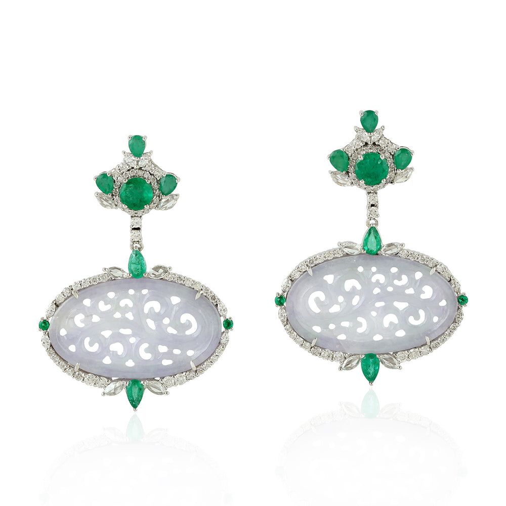Oval Cut Jade Pear Cut Emerald Pave Diamond Designer Dangler In White Gold