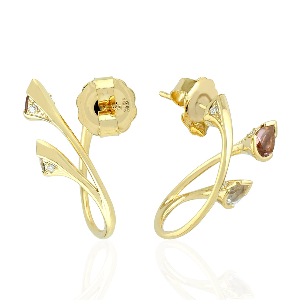 Pear Cut Pink Tourmaline White Sapphire Prong Diamond In Gold Stud Earrings