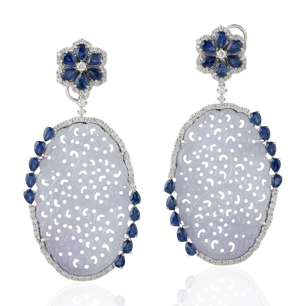 Carved Jade Pear Cut Blue Sapphire Pave Diamond Dangler In White Gold