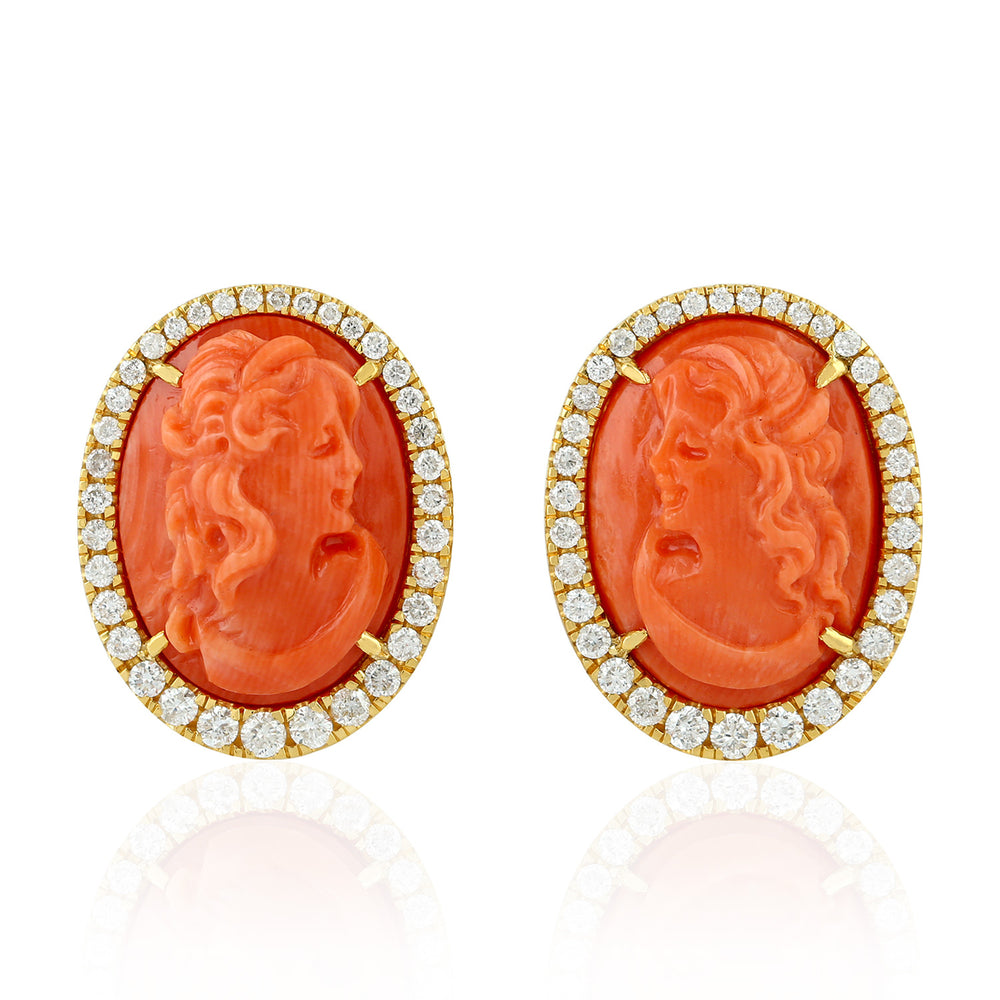 Carving Coral Prong Natural Diamond Women Face Earrings 18K Yellow Gold Jewelry