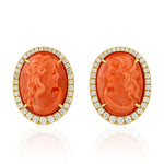 Carving Coral Prong Natural Diamond Women Face Earrings 18K Yellow Gold Jewelry