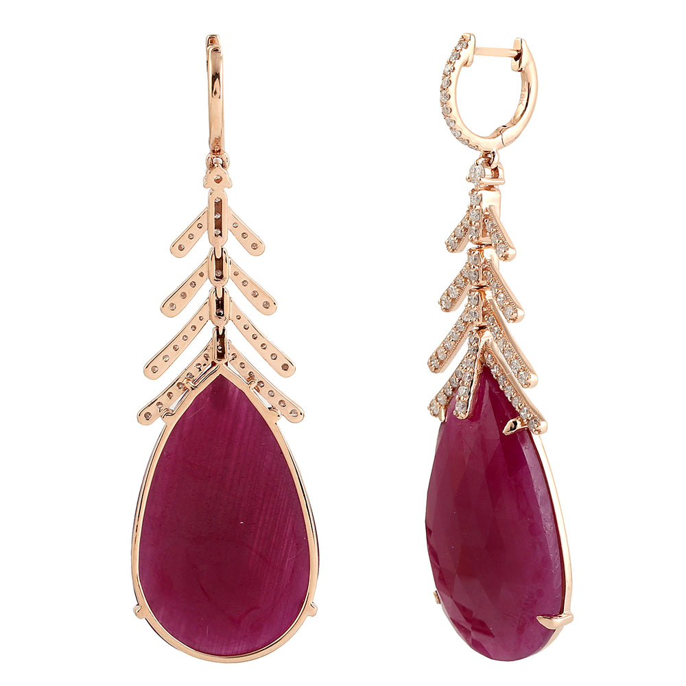 Pear Cut Ruby Gemstone Pave Diamond Leaf Design Danglers In 18k Rose Gold