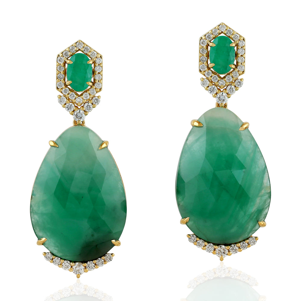 Natural Faceted Emerald Diamond Drop Danglers In 18k Yellow Gold For Women